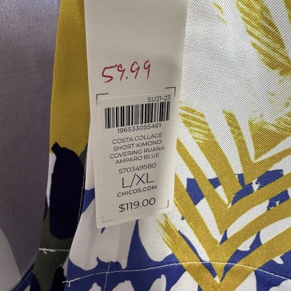 Chicos Costa Collace Short Kimono L XL Blue Floral Geometric Ruana - Picture 7 of 10